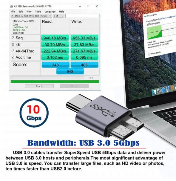 Compact Micro USB 3.0 to USB-C male converter adapter