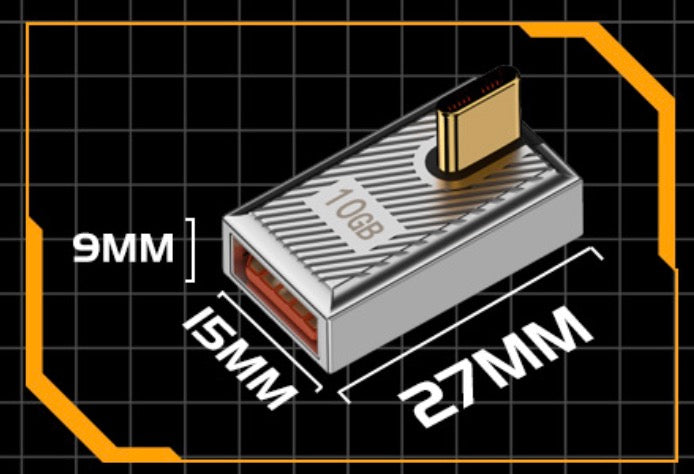Compact USB C to USB A adapter showing product dimensions and portable design