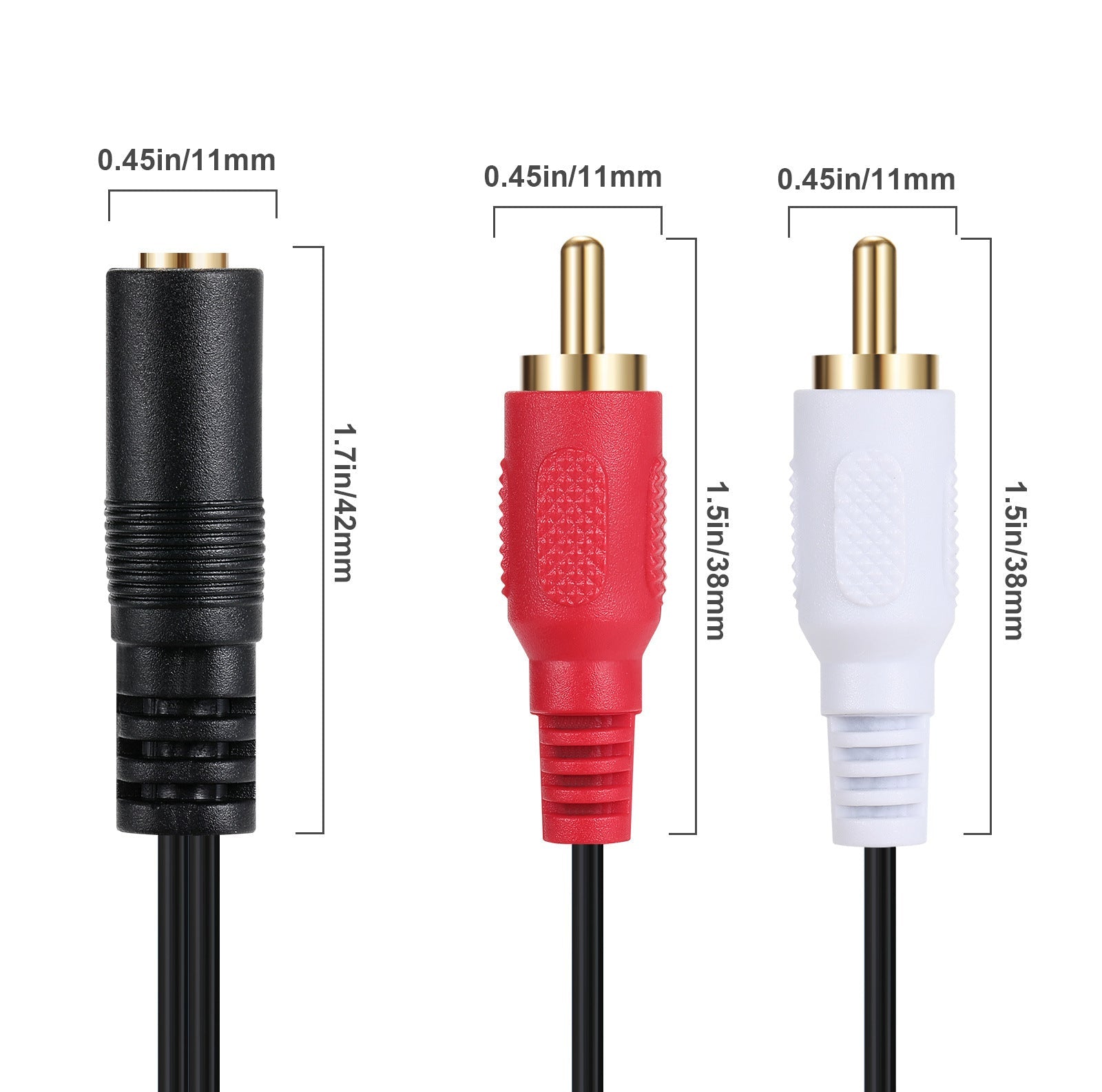Compatibility illustration showing devices supported by the 3.5mm AUX to RCA splitter cable