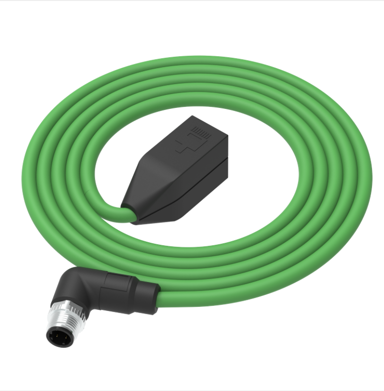 Green garden hose with black connectors on a white background