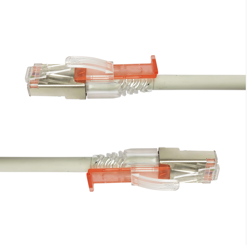 Two Ethernet cables with clear connectors on a white background