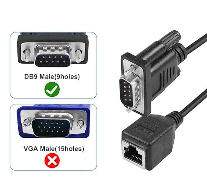 DB9 9 pin serial male to RJ45 female adapter connection diagram for console and RS232 applications