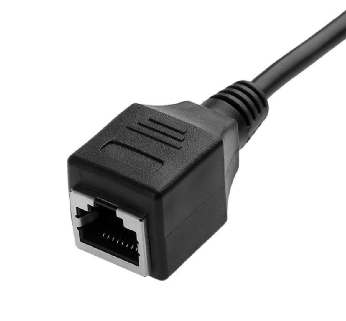 Close-up view of DB9 9 pin serial female connector and RJ45 female adapter connection