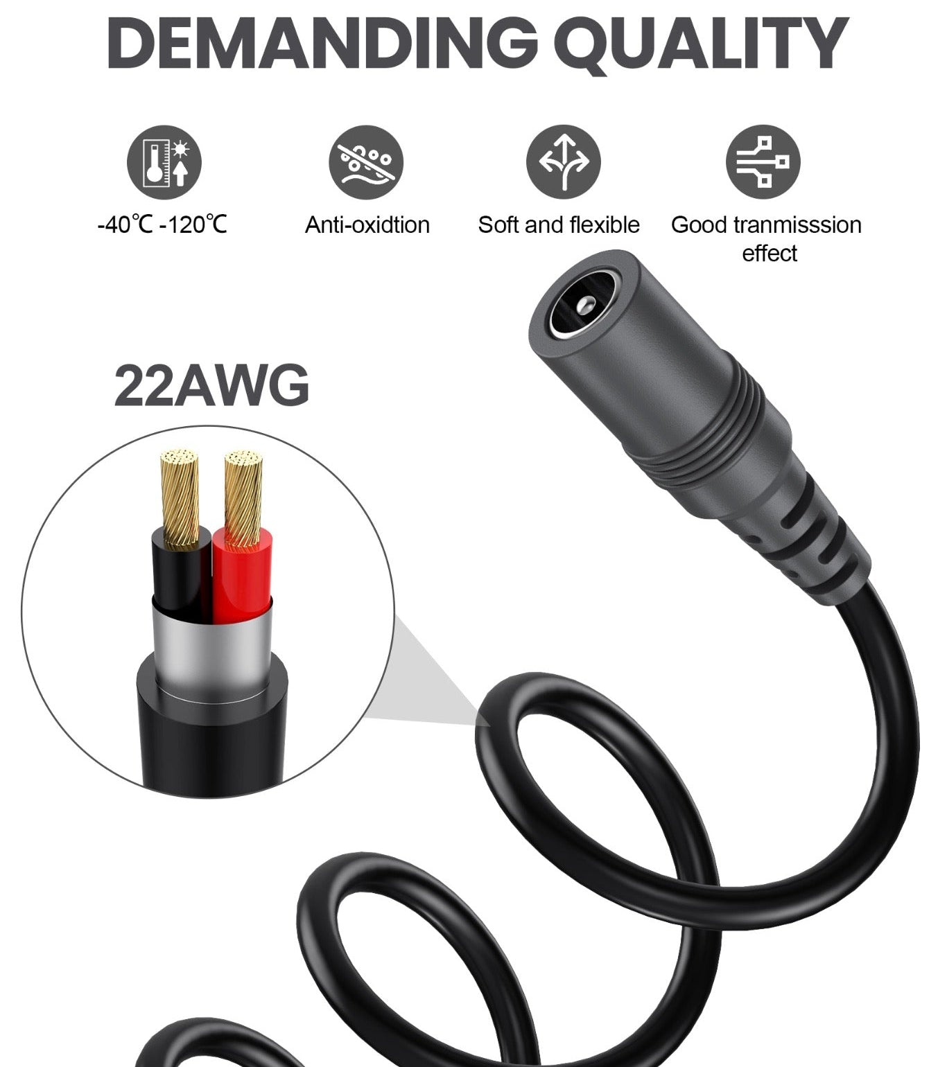 5.5mm x 2.1mm to 3.5mm power cable showing durable cable and connector construction