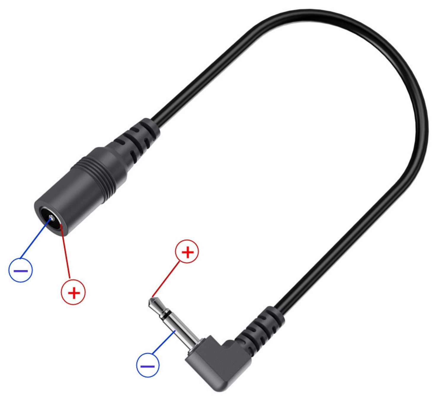 Power polarity diagram for 5.5mm x 2.1mm DC female to 3.5mm converter cable