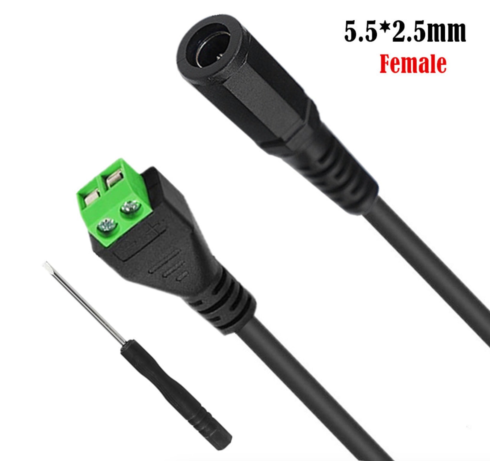 Close-up of 5.5mm x 2.5mm female DC power connector and terminal block adapter cable