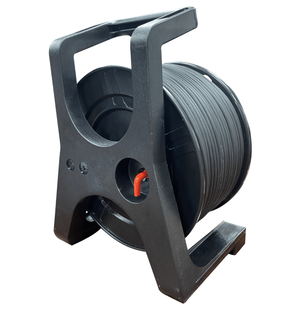 Black wire reel with cable on a white background