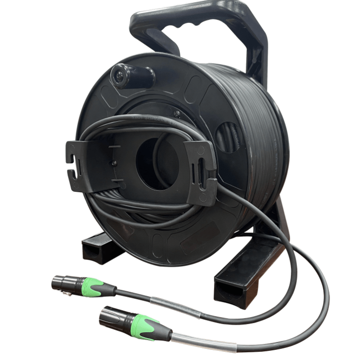 Professional XLR cable reel showing rugged carry handle and rewind mechanism