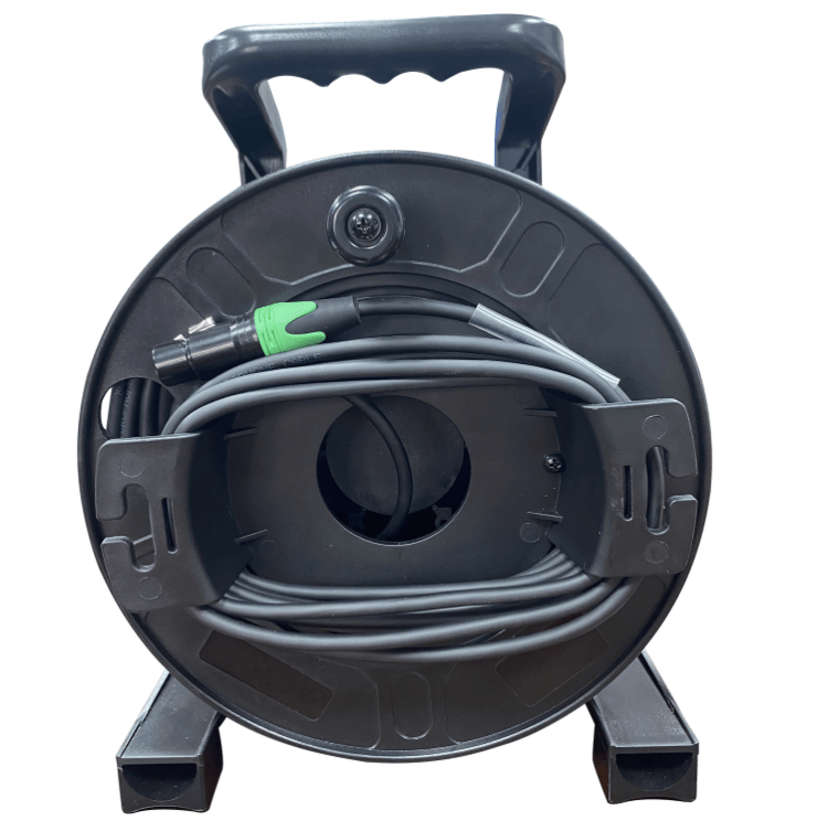 Black hose reel with coiled gray hose on a white background