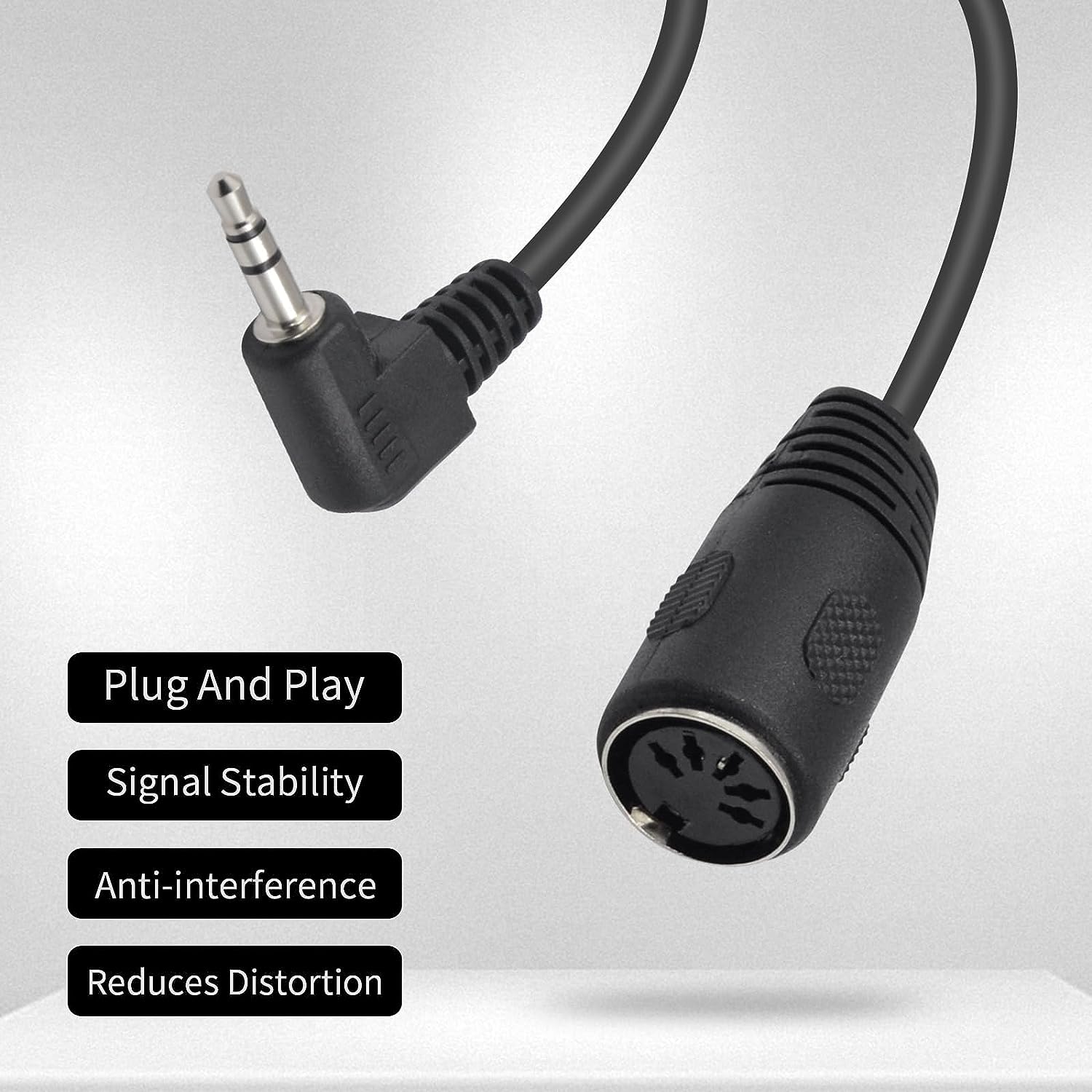 5 Pin DIN female to 3.5mm stereo male cable showing connector orientation and audio connection design