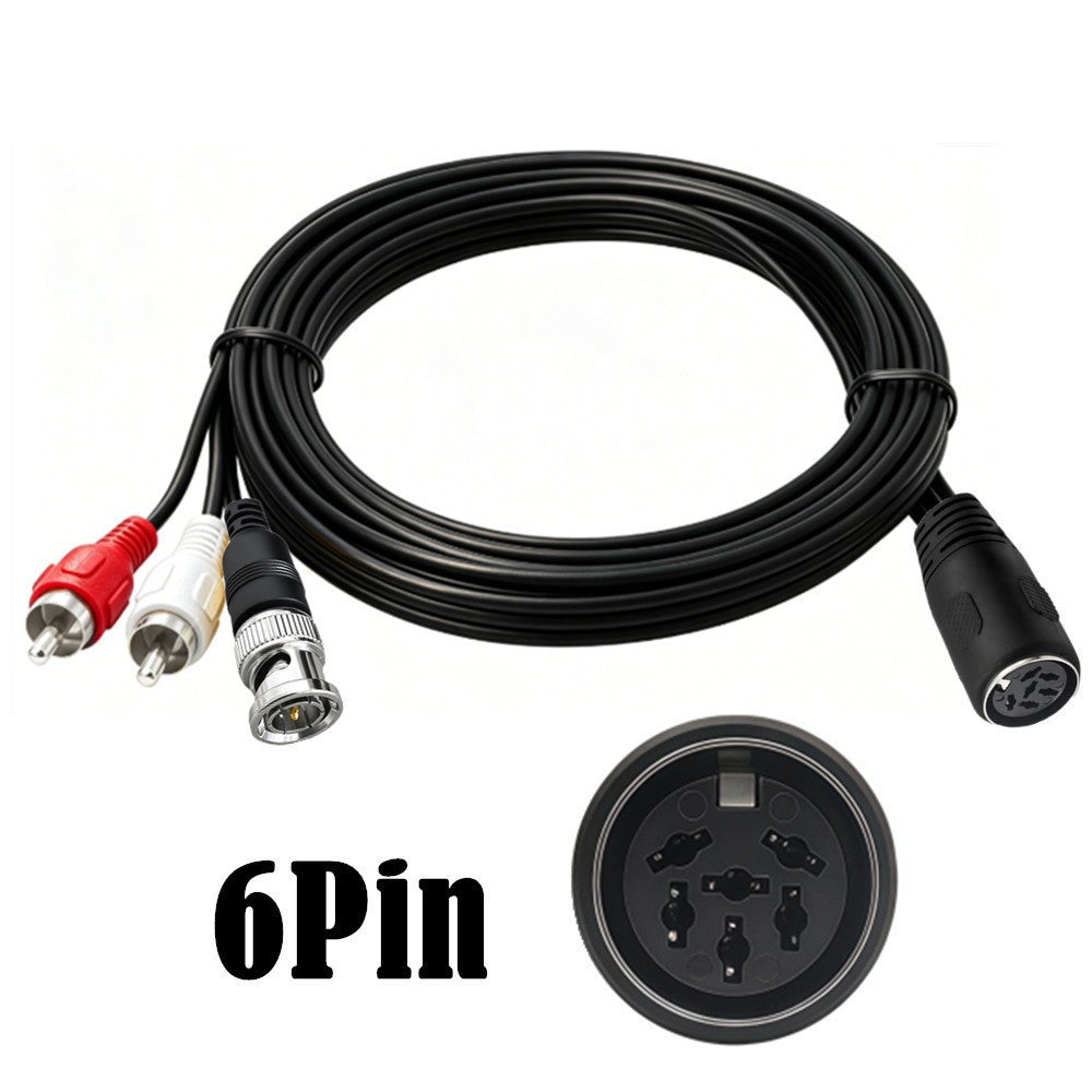 A coiled black cable with red, white, and silver RCA-style connectors on one end and a black 6-pin plug on the other, shown on a white background with the text '6Pin' below.