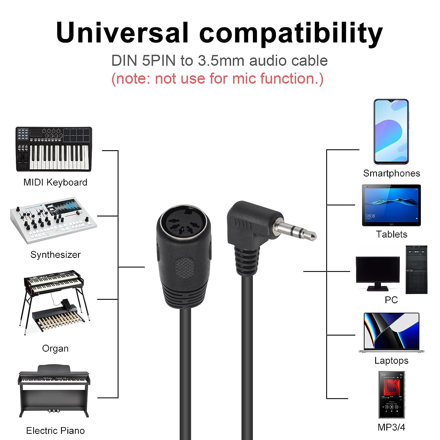 5 Pin DIN female to 3.5mm stereo audio cable compatible with MIDI keyboards synthesizers organs and audio devices
