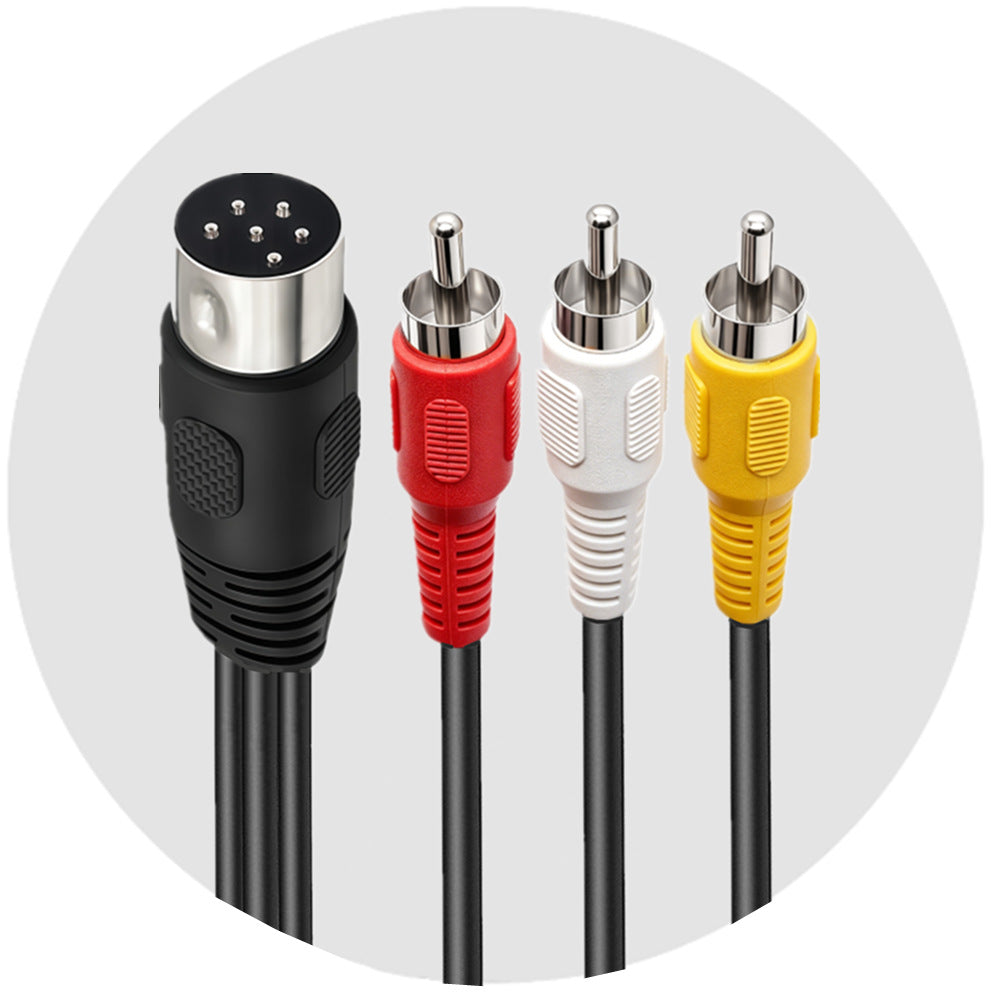A black audio/video cable with a multi-pin XLR connector on the left and three RCA connectors on the right in red, white, and yellow, shown against a light gray circular background.