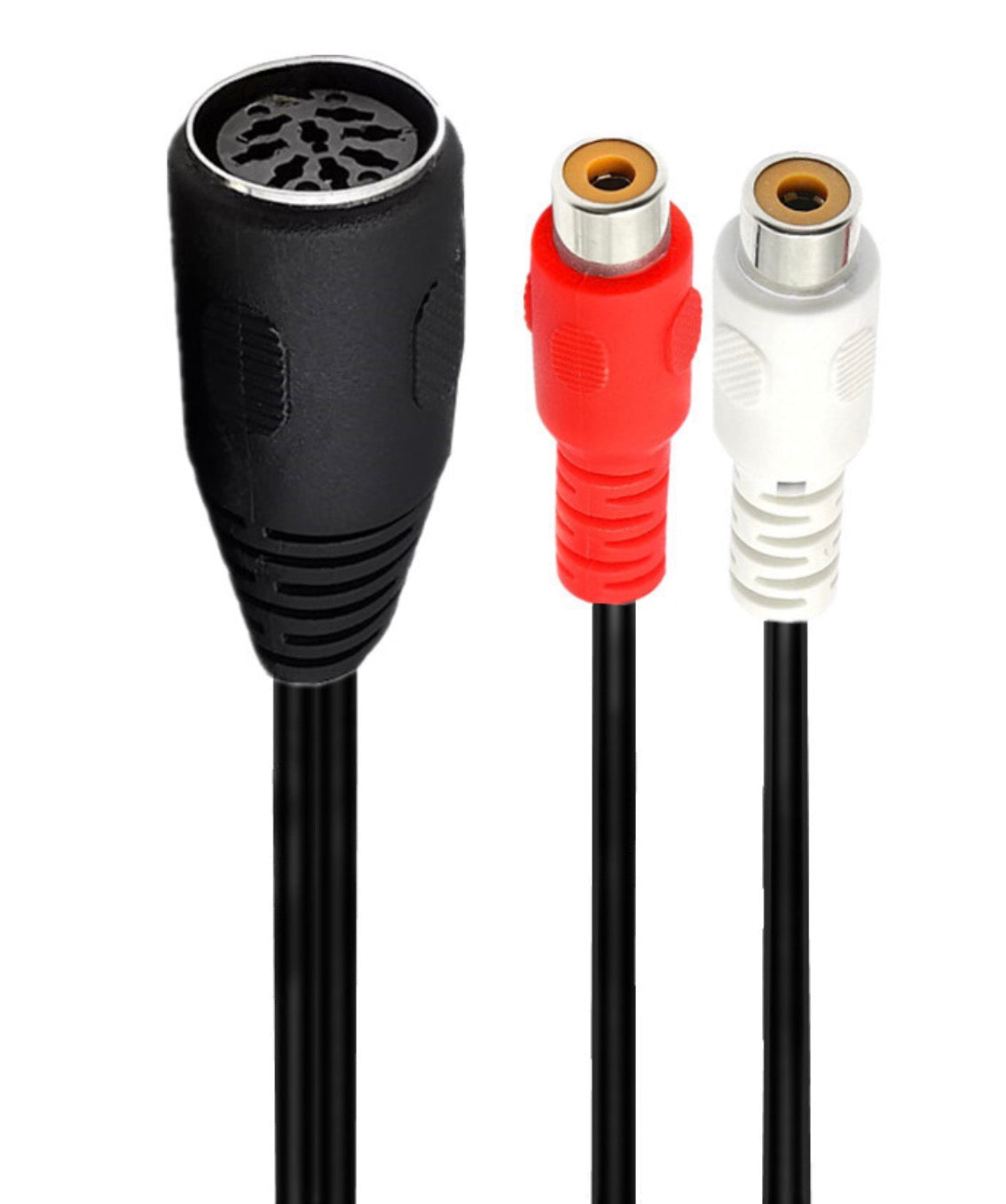 Close-up of the 8-pin DIN and RCA female audio connectors