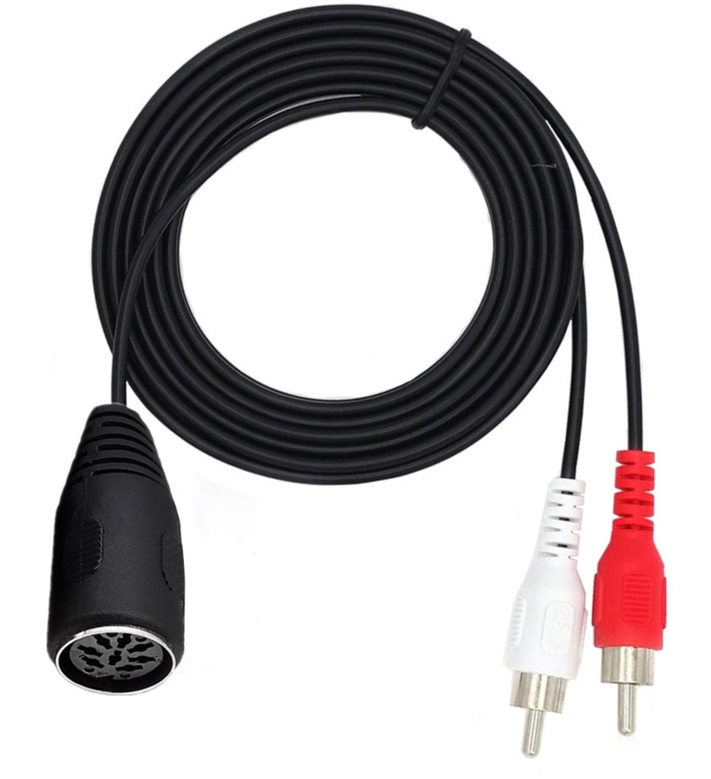 Detailed view of the shielded 8-pin DIN to dual RCA male audio cable