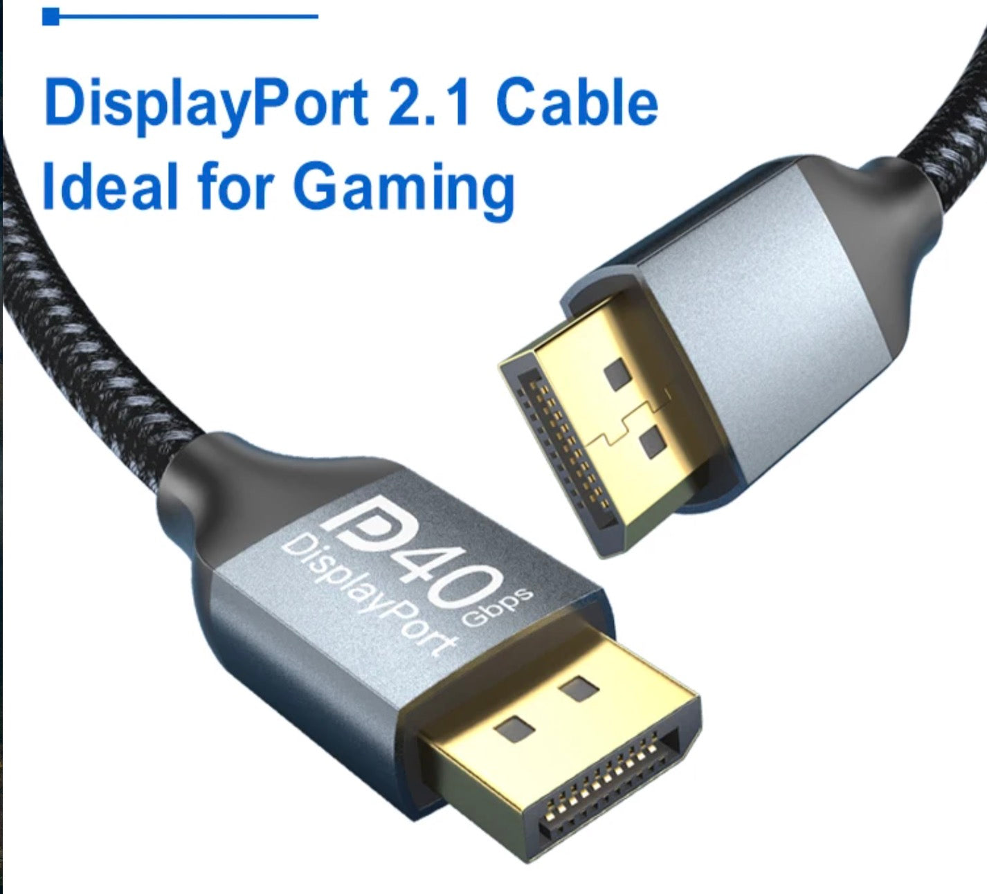 DisplayPort 2.1 cable with gold-plated connectors and braided design