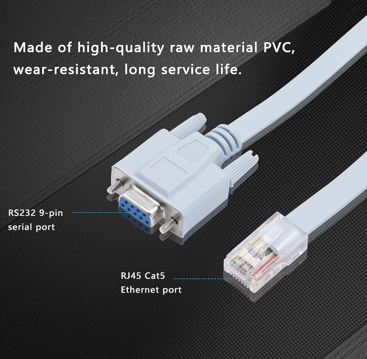 RJ45 to RS232 DB9 console cable showing durable PVC jacket and shielded construction