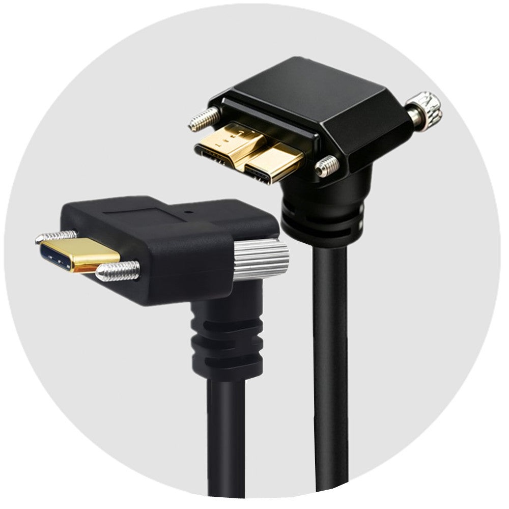 Dual-locking USB-C to Micro USB 3.0 Type-B up-angle data cable