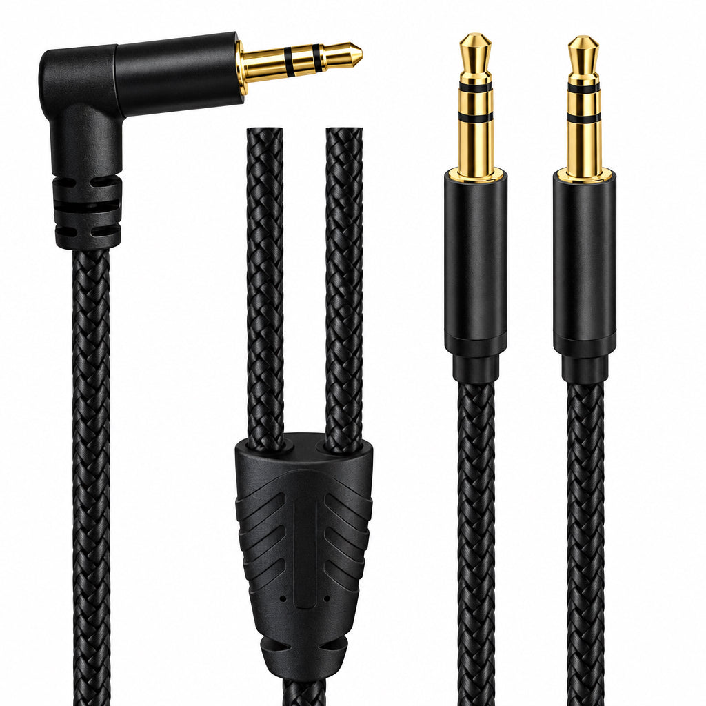 Close-up of a black braided 3.5mm Y cable showing one right-angle male plug, two straight male plugs and the Y junction