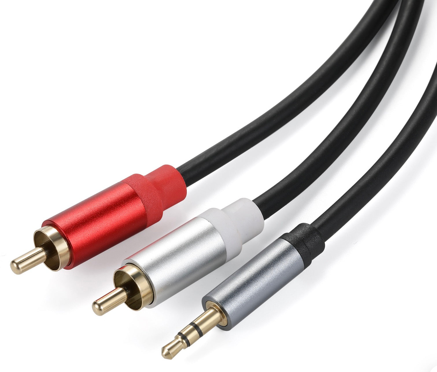 Close-up view of dual RCA phono male and 3.5mm male gold-plated audio connectors