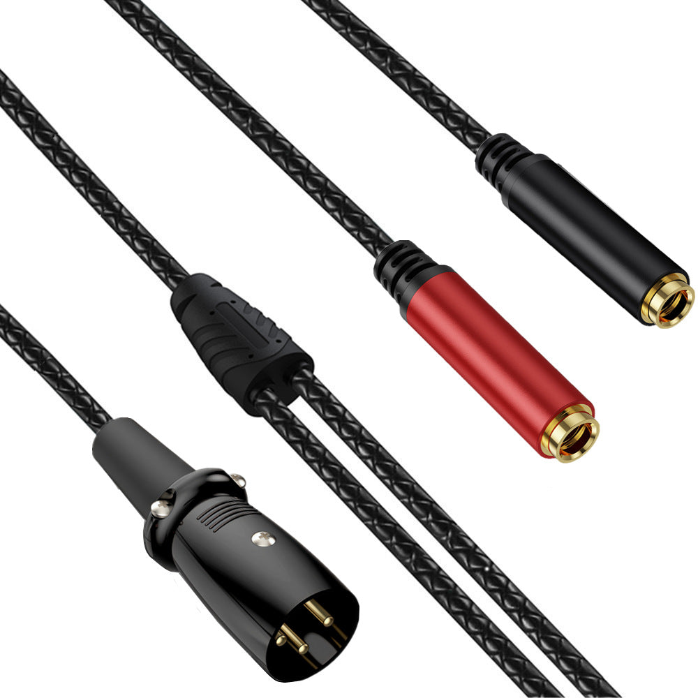 Black braided audio cable with a black XLR connector on one end and two RCA-style connectors, one black and one red, both with gold-plated tips, on a white background.
