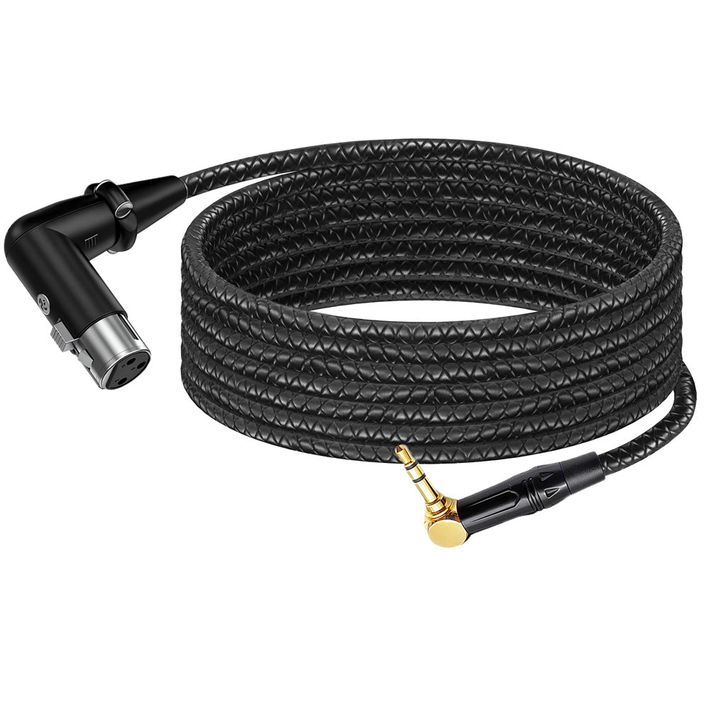 Black audio cable with XLR and 1/4 inch connector on a white background