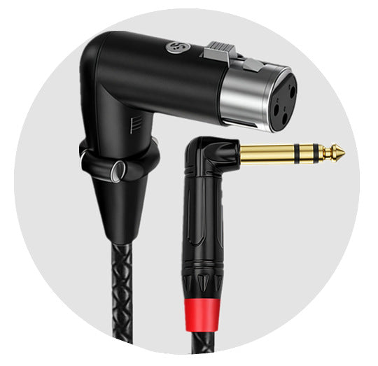 Right-angle 3-pin XLR female and right-angle 6.35mm TRS audio connectors