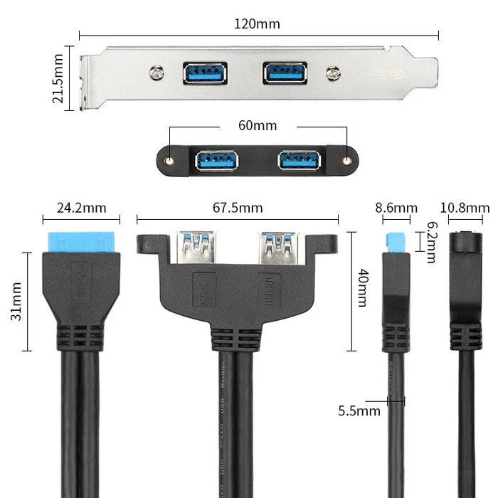 Measurement chart of USB extension cable and connector on a white background