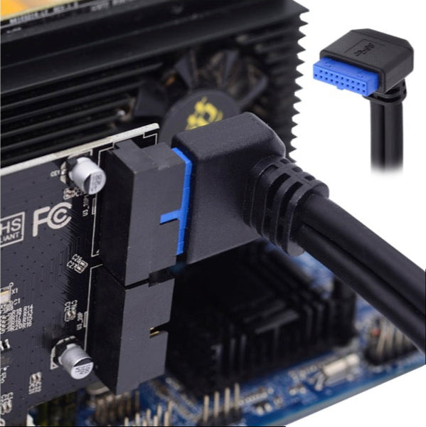 Computer motherboard with a cable connected to a connector on a white background