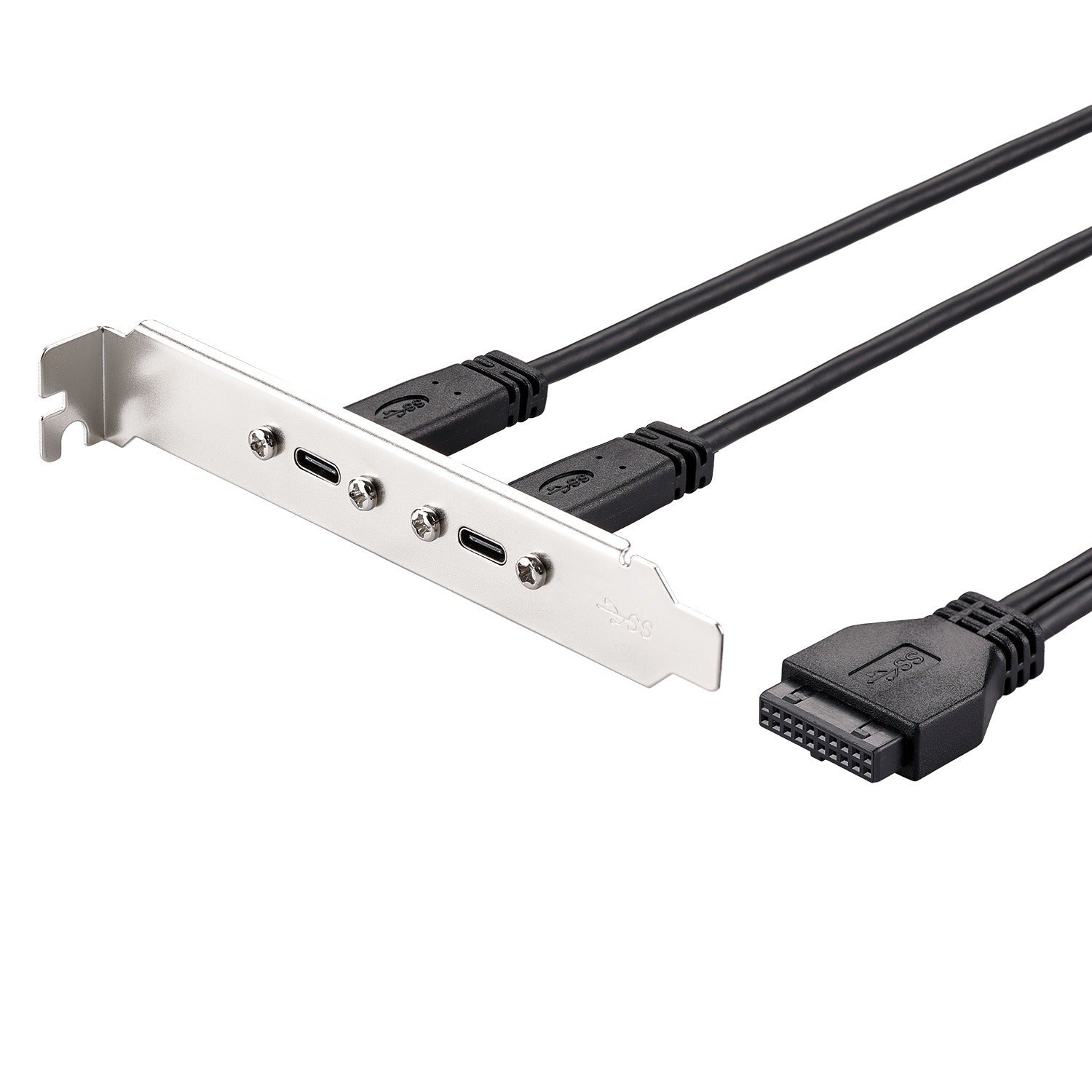 Dual USB-C ports PCI bracket adapter cable close up view