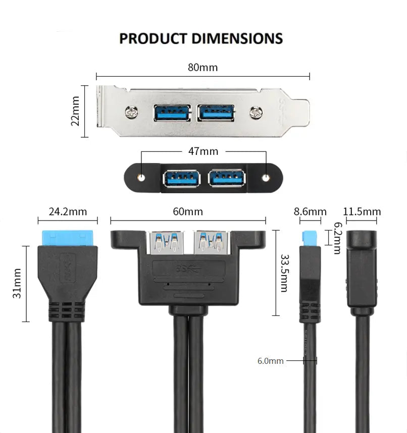 USB 3.0 PCI bracket showing dual USB-A ports and connector dimensions