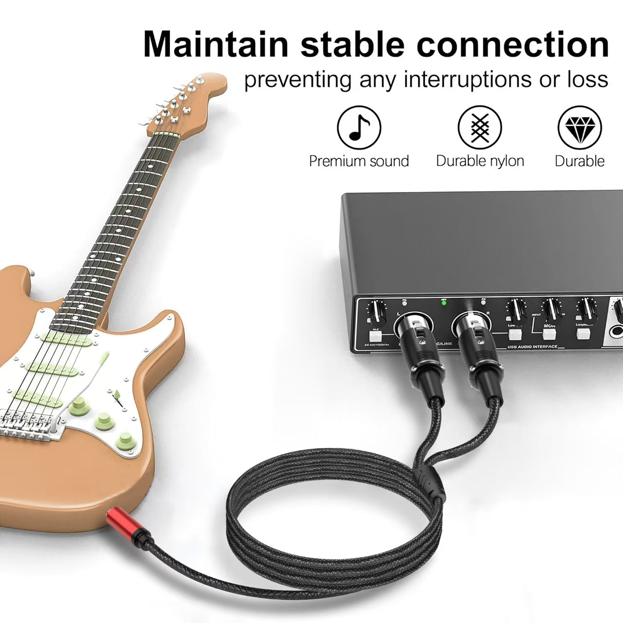 A guitar signal conditioner or amplifier with black cables connected to an electric guitar, shown on a white background with promotional text and icons.