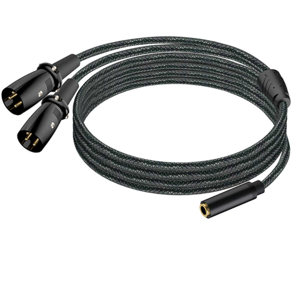 Coiled audio cable with XLR and RCA connectors on a white background