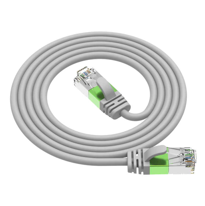 Gray Ethernet cable with green connectors on a white background