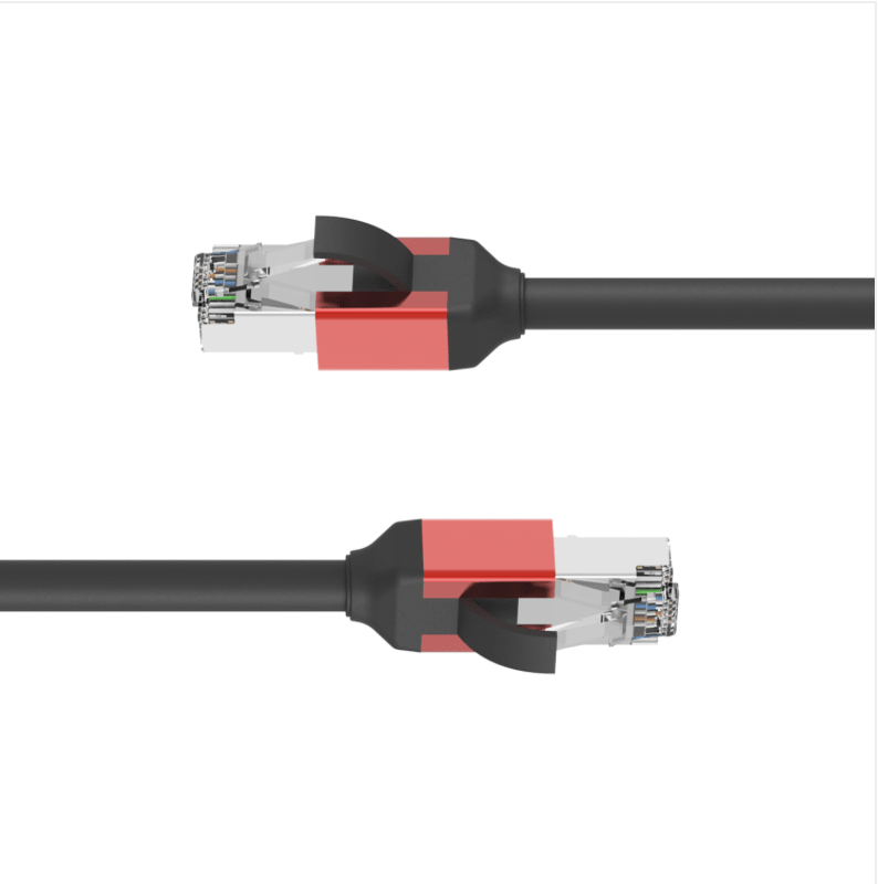 Two Ethernet cables with red and black connectors on a white background