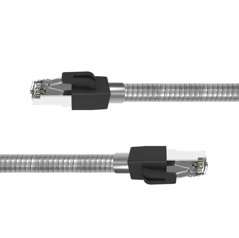 Close-up of steel armor sheath and shielded RJ45 connector on industrial PUR-jacket CAT6A cable