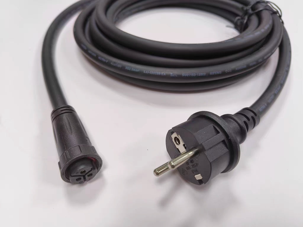 Black power cord with plug on a white background
