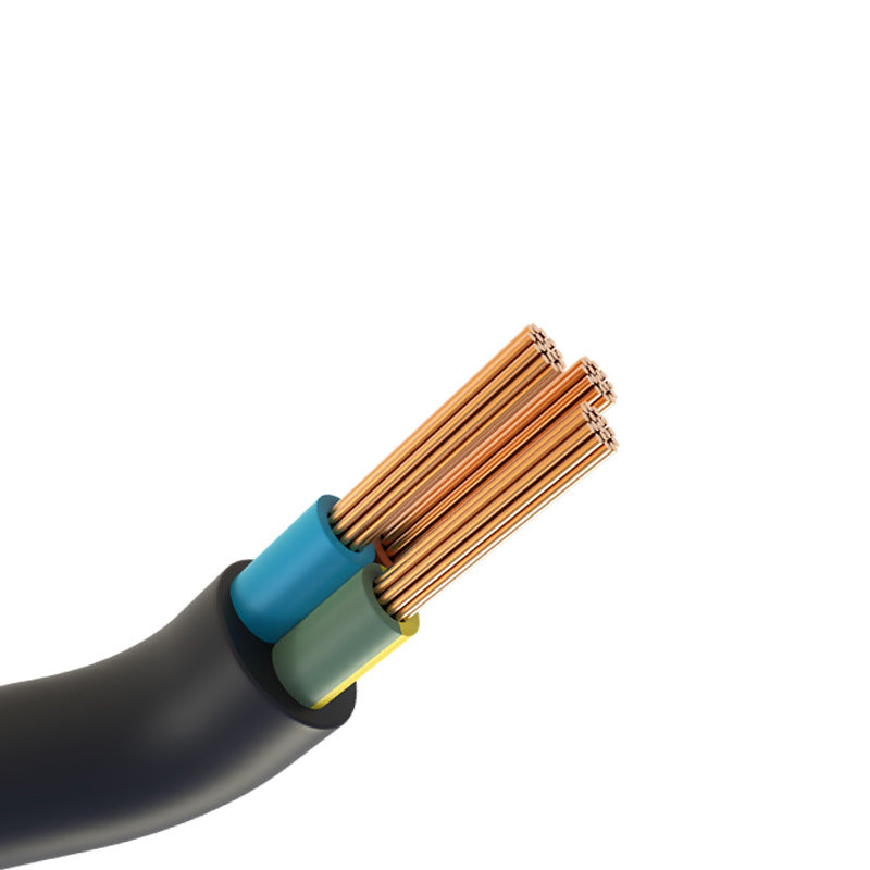 Close-up of a cable with copper wires and black and blue insulation on a white background