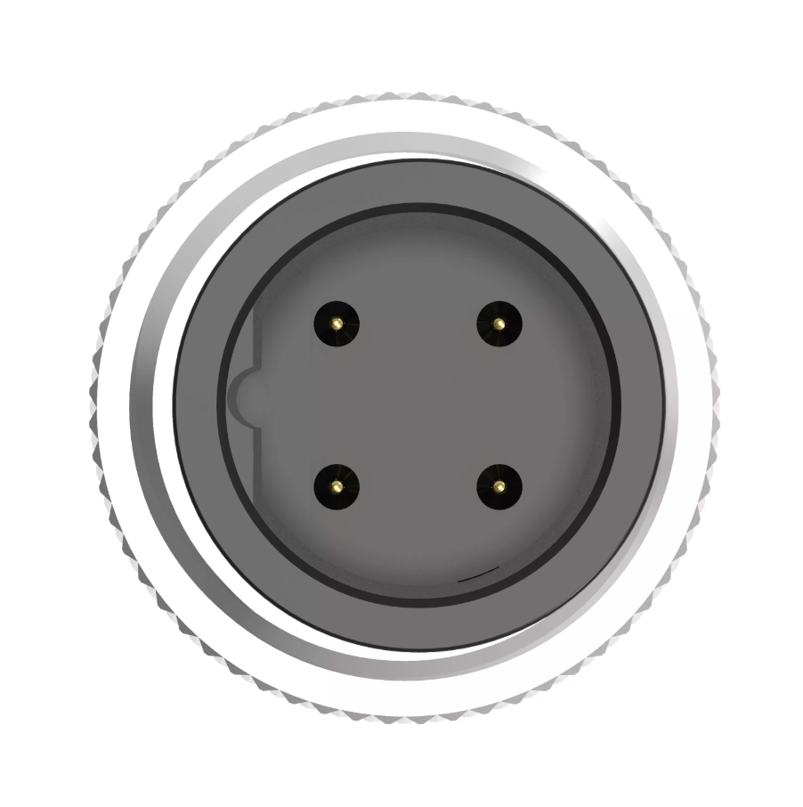 Top view of a circular electrical plug with three pins on a white background