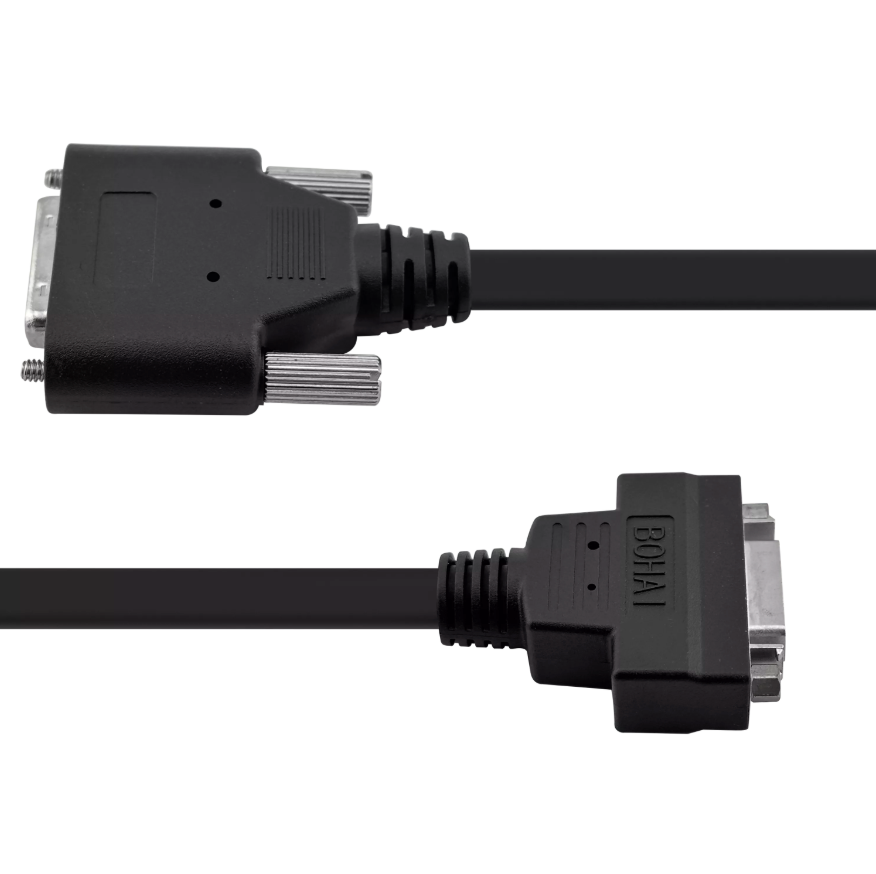 MDR 26-pin male and female connectors with captive thumbscrews on Camera Link extension cable