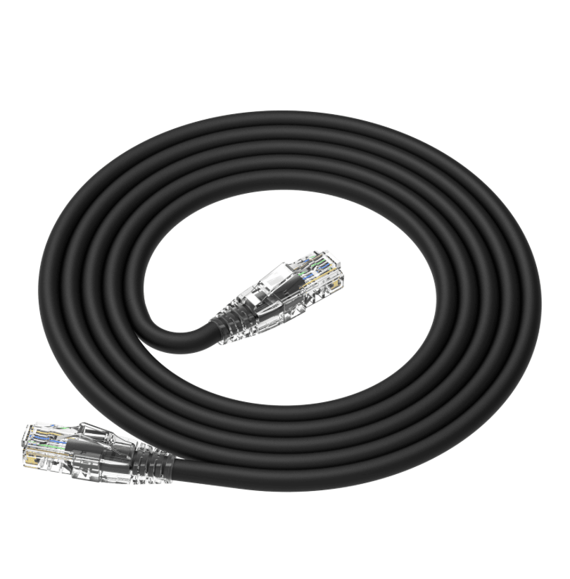 Coiled black Ethernet cable on a white background