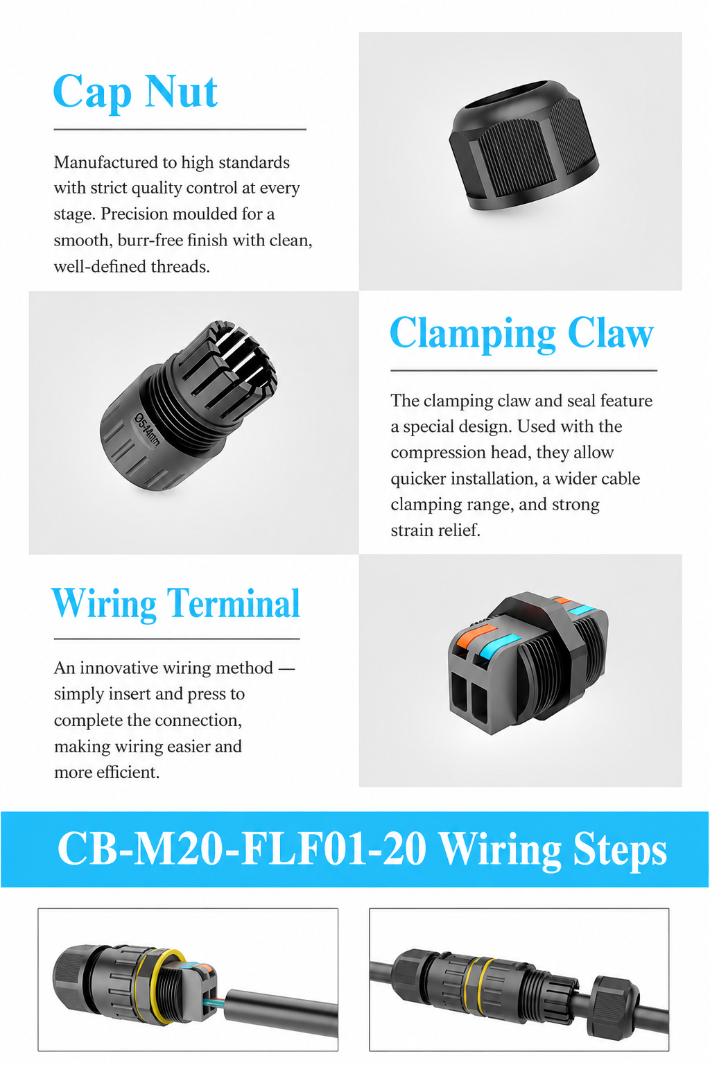M20 2 Pin Waterproof Cable Connector – IP68 Quick Press Inline Coupler