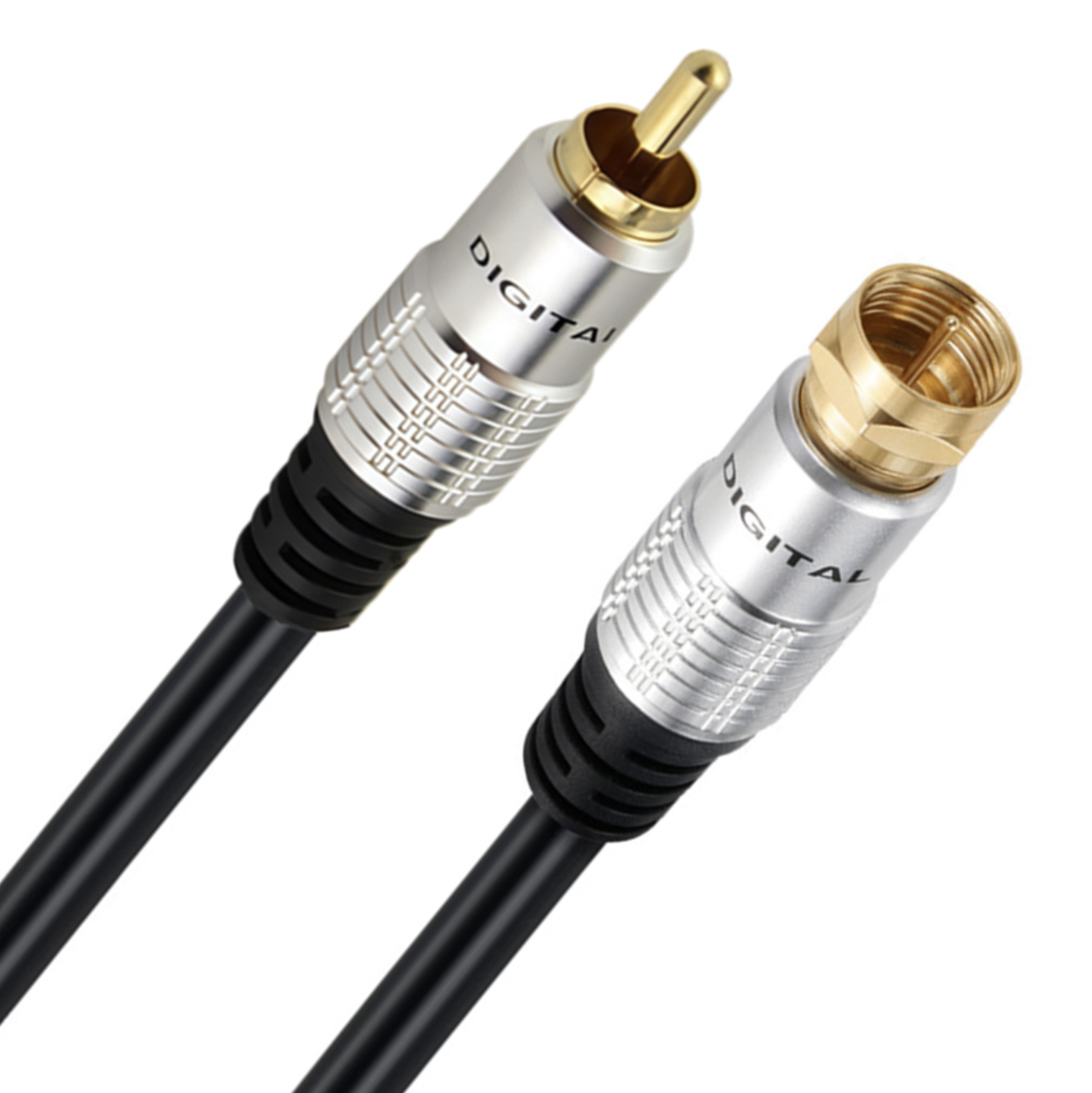 RCA audio cable with gold connectors on a white background