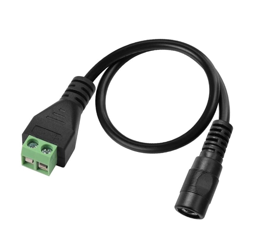 3.5mm x 1.35mm female DC power adapter cable showing connector design and terminal block connection