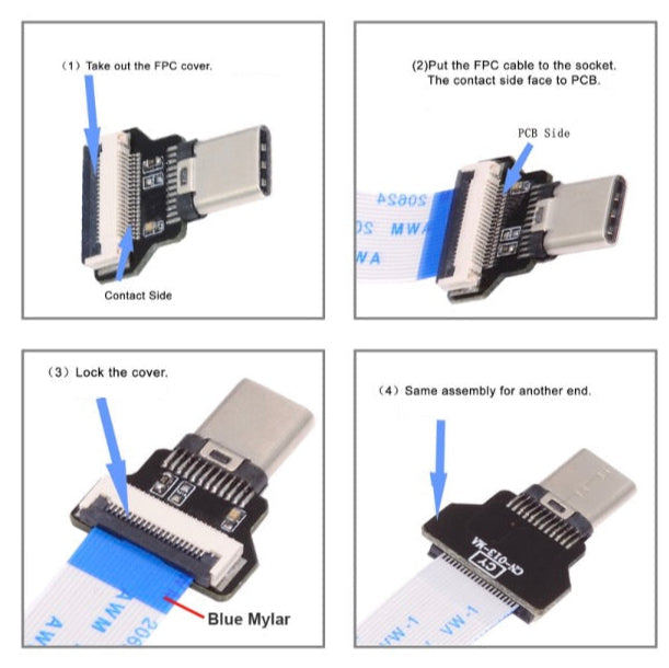 Step-by-step assembly instructions for a FPC (flexible printed circuit) connector with labeled parts.
