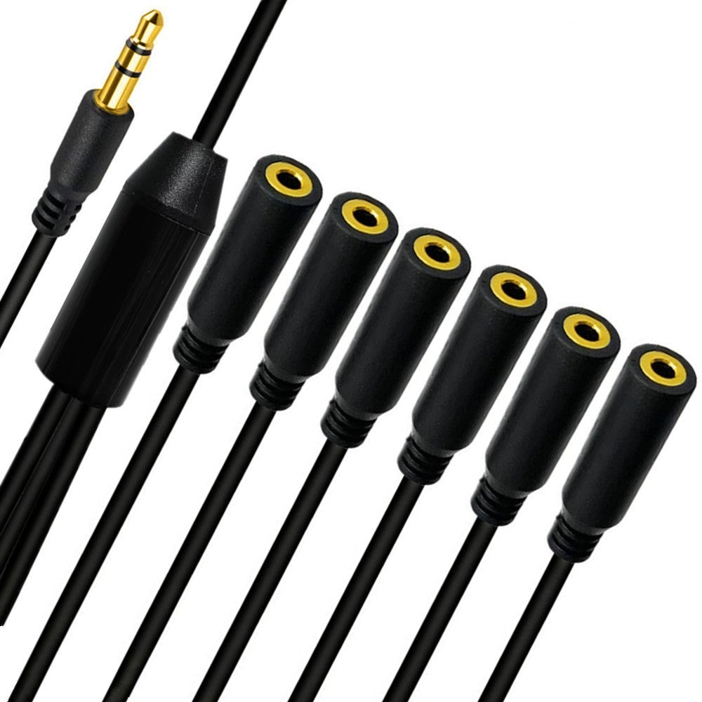 Gold-plated 3.5mm stereo connectors on the six-way audio splitter