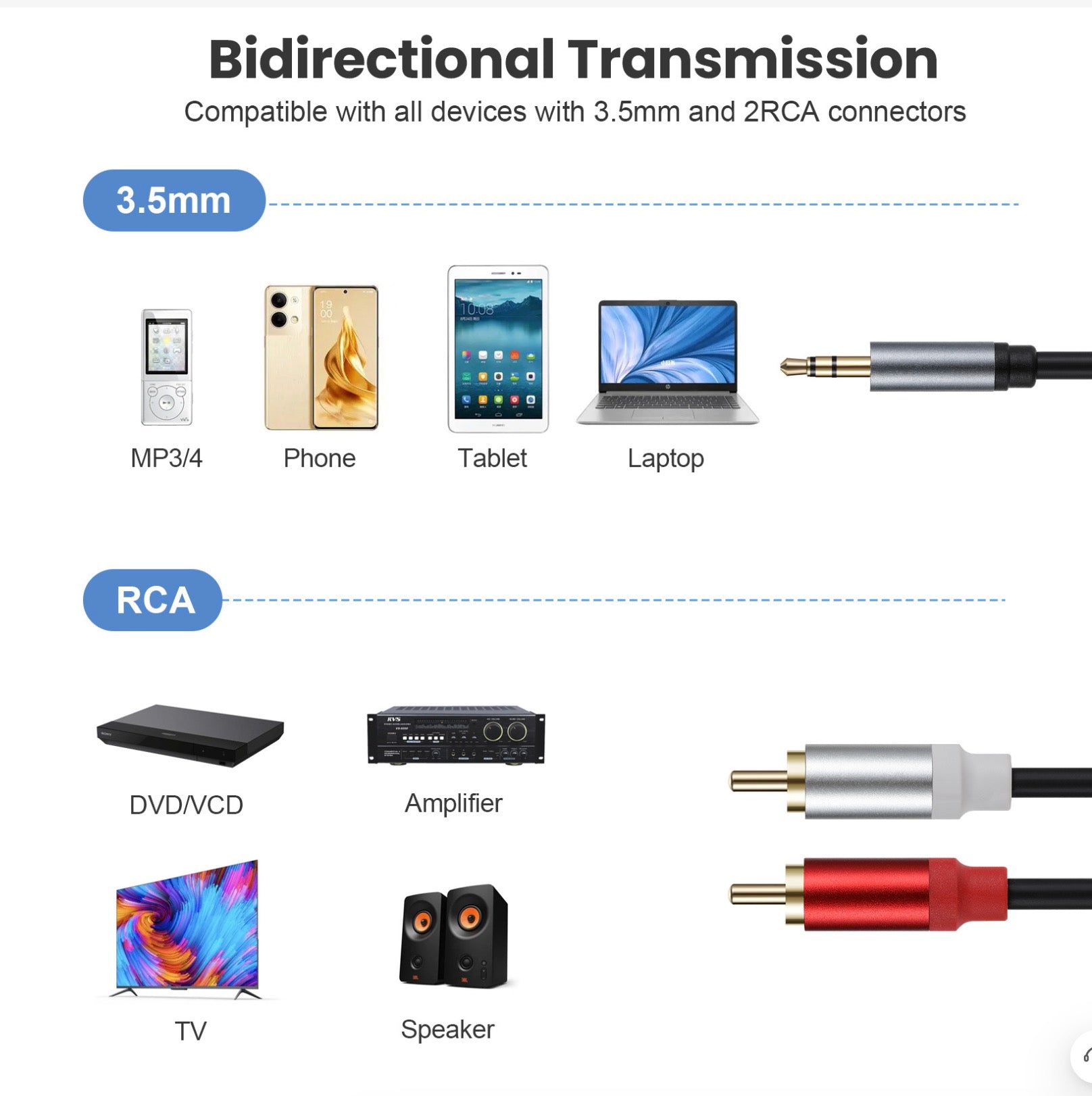 Gold-plated dual RCA phono to 3.5mm stereo AUX cable for clear and reliable audio transmission