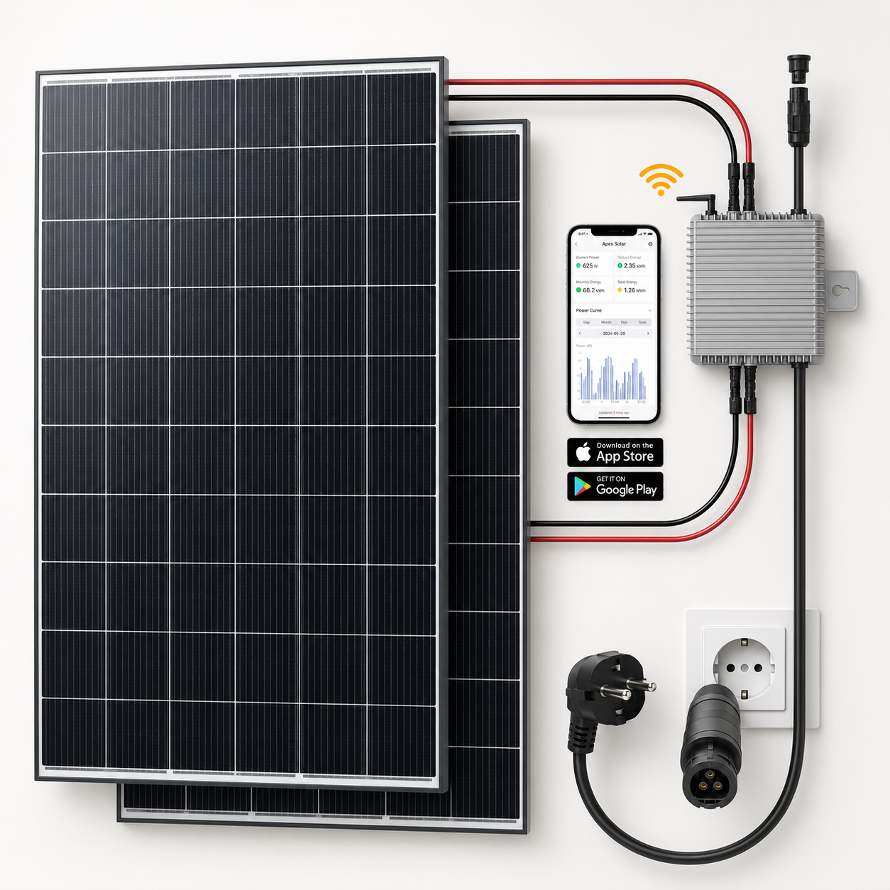 Solar panel system with controller, smartphone app, and power outlet on a white background
