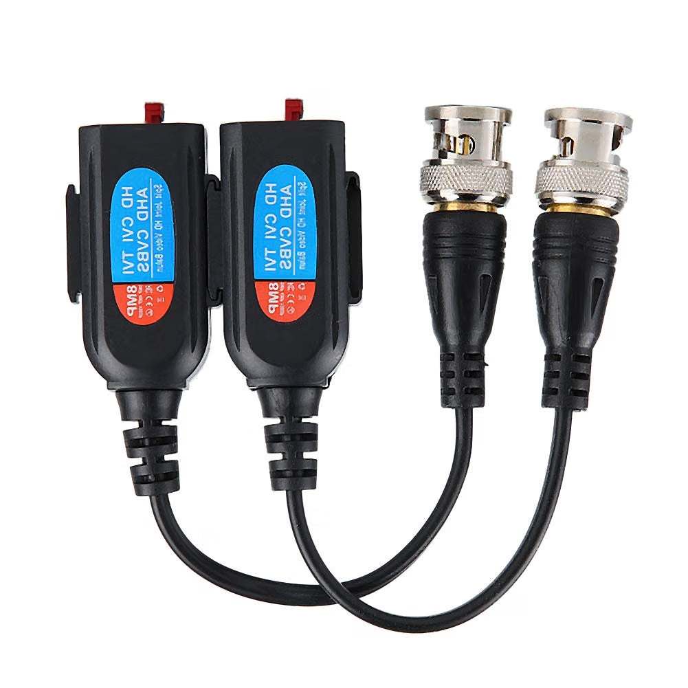 Two black video signal adapters with blue and orange labels, connected to two BNC video output plugs on a white background.