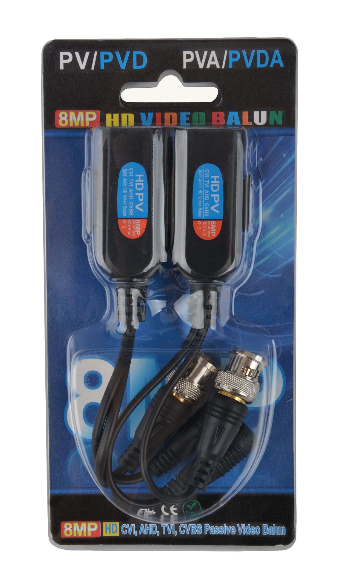 Two black 8MP passive video baluns (PVA/PVD) in retail blister packaging with a blue and black backing card.
